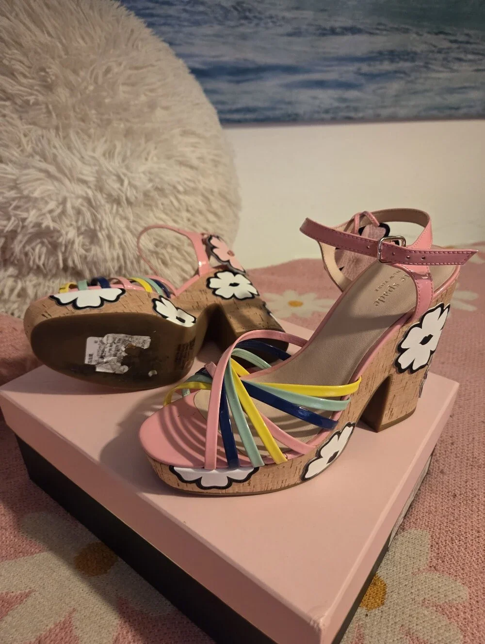 kate spade Pink Multicolor Strappy Cork Platform Sandals